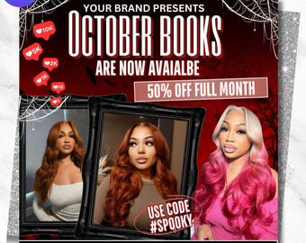 May include: A promotional graphic with a dark red background, featuring the text "OCTOBER BOOKS ARE NOW AVAILABLE" and "50% OFF FULL MONTH." It includes images of women with long hair, framed by black borders, and social media icons. The text "USE CODE #SPOOKY" is also present.
