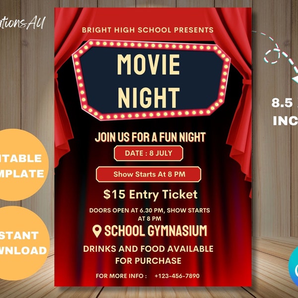 Editable Family Movie Night Flyer, School Church Benefit Fundraiser Event Poster, Cinema Party Invitation, PTA PTO Flyer