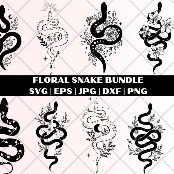 Floral Snake Svg Bundle, Celestial snake svg, Snake with flowers svg, Mystical snake svg, Snake design Svg, Cut Files For Cricut, Silhouette