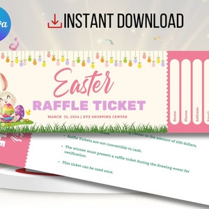 Raffle Ticket Template, Easter Bunny Raffle Ticket, Editable Template, Printable Raffle, Custom Ticket