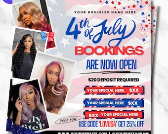 July 4th Beauty Promo Flyer: Hair, Lashes, Brows (Canva Template - DIY Editable)