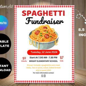 Bearbeitbares Spaghetti Dinner Fundraiser Flyer Ticket, Pasta PTA PTO Schulkirche Charity Event Fundraisng, Einladungsvorlage druckbarer Download