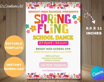 Spring Fling School Dance Flyer Invitation, Editable PTO PTA School Dance Event, Easter Event Party Invitation Template