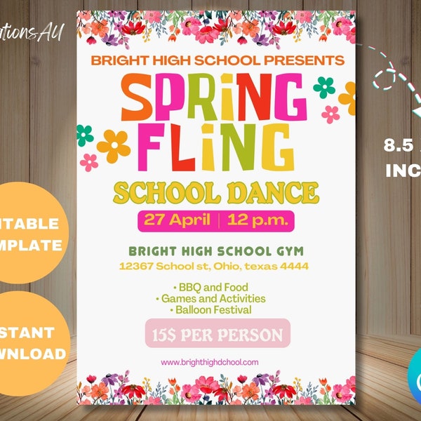 Spring Fling School Dance Flyer Invitation, Editable PTO PTA School Dance Event, Easter Event Party Invitation Template