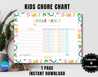Editable Weekly Chore Chart For Kids, Kids Daily Routine Checklist, Customizable Kids Planner, Printable Chore List, Weekly Routine Planner