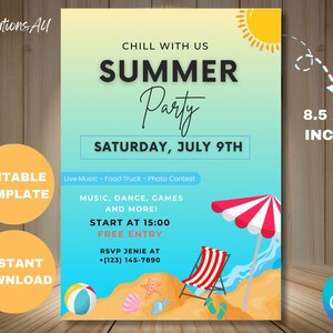 Summer Party Flyer, DIY Flyer Template Design, Pool Party Invite Flyer, Summer Break Party Flyer, Summer Event Flyer