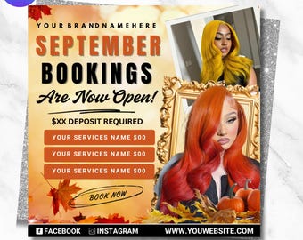 September Booking Flyer, Fall Season Sale Flyer, Editable Canva Template, Wig Install, Lashes, Nails, Braids, Fall Szn Booking Flyer