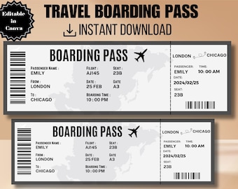 Editable Boarding Pass Template, Canva Boarding Pass, Customizable Plane Tickets, Instant Download, Airplane Ticket Gift Card