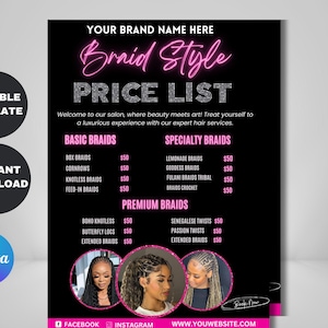 Puede incluir: Plantilla de lista de precios Braid Style en negro y rosa. La lista de precios incluye trenzas básicas, especiales y premium. La plantilla incluye el texto "Plantilla editable" y "Descarga instantánea".