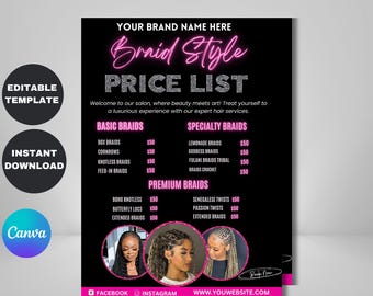 Braids Pricelist, DIY Flyer Template Design, Hair Styles Braiding Price Guide, Beauty Salon Price Sheet, Premade Hair Lash Nails Price List