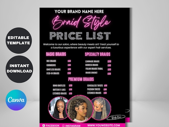 Braids Pricelist, DIY Flyer Template Design, Hair Styles Braiding Price Guide, Beauty Salon Price Sheet, Premade Hair Lash Nails Price List