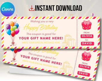 Editable Birthday Coupon Template: Printable Gift Certificate (Digital Download)