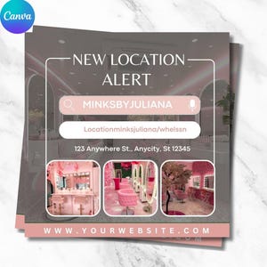 May include: A pink and white graphic announcing a new location for MINKBYJULIANA. The graphic includes a search bar with the text "Locationminksjuliana/whelssn" and the address "123 Anywhere St., Anycity, St 12345". The graphic also includes three photos of the interior of the new location, which is decorated in a pink and white theme.
