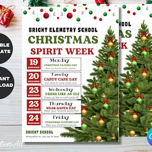 Customizable Holiday School Spirit Week Flyer, PTO Schedule, December Itinerary, Xmas PTA, Editable in Canva, Christmas Newsletter, Events