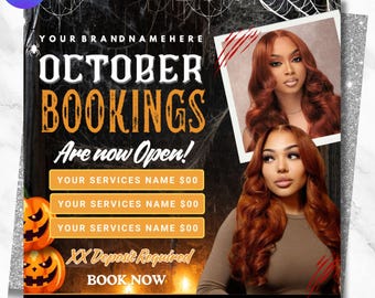 May include: A Halloween-themed promotional graphic with the text "OCTOBER BOOKINGS Are now Open!" in orange and white. The image includes two portraits of a woman with long, red hair, jack-o'-lanterns, and a spiderweb design. The graphic also includes social media icons.