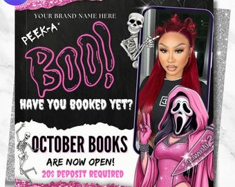 Bokningsflyer för oktober, Boköppet i oktober, Halloween-hårflyer, Spöklikt SZN-flyer, Hårflyer för oktober, Naglar MUA-fransar, Peruk, DIY-canvas