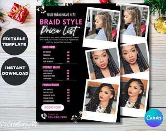 Braids Pricelist, DIY Flyer Template Design, Hair Styles Braiding Price Guide, Beauty Salon Price Sheet, Premade Hair Lash Nails Price List