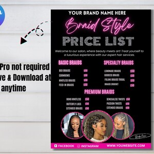 Może przedstawiać: Czarno-r&oacute;żowy cennik Braid Style z nagł&oacute;wkiem &bdquo;Your Brand Name Here&rdquo;. Lista zawiera podstawowe, specjalne i premium style warkoczy. Ulotka zawiera r&oacute;wnież trzy zdjęcia kobiet z r&oacute;żnymi stylami warkoczy.