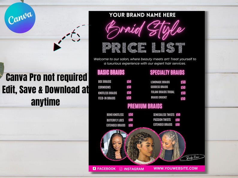 Może przedstawiać: Czarno-r&oacute;żowy cennik Braid Style z nagł&oacute;wkiem &bdquo;Your Brand Name Here&rdquo;. Lista zawiera podstawowe, specjalne i premium style warkoczy. Ulotka zawiera r&oacute;wnież trzy zdjęcia kobiet z r&oacute;żnymi stylami warkoczy.