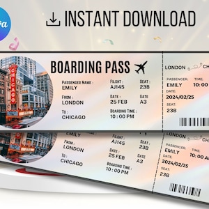 Bewerkbare instapkaartsjabloon, Canva-instapkaart, aanpasbare vliegtickets, direct downloaden, vliegtuigticket cadeaukaart
