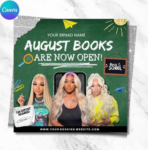 August Booking Flyer, Back to School Sale, Hair Braids, Lash, Wig Flyer, Editable Canva Template, Salon Promo, Appointment Flyer