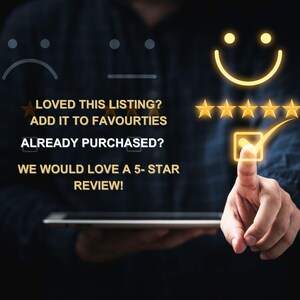 May include: A digital illustration with a dark background features a hand interacting with a glowing interface. Text reads: "LOVED THIS LISTING? ADD IT TO FAVOURTIES. ALREADY PURCHASED? WE WOULD LOVE A 5-STAR REVIEW!" A smiley face and stars are also present.