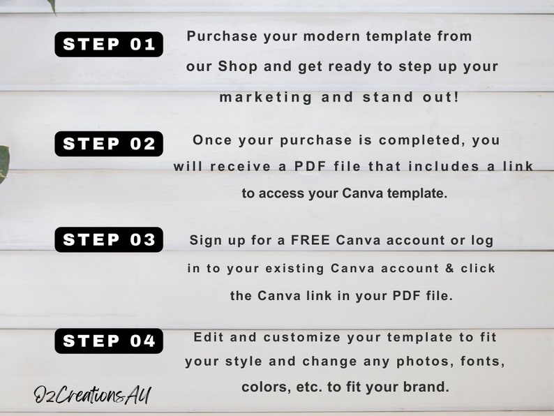 May include: A white background with four steps outlined in black boxes. Each step includes a number and a description of how to use a Canva template. The text reads: "STEP 01 Purchase your modern template from our Shop and get ready to step up your marketing and stand out!" "STEP 02 Once your purchase is completed, you will receive a PDF file that includes a link to access your Canva template." "STEP 03 Sign up for a FREE Canva account or log in to your existing Canva account & click the Canva link in your PDF file." "STEP 04 Edit and customize your template to fit your style and change any photos, fonts, colors, etc. to fit your brand."