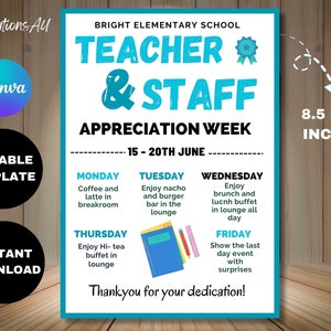 Editable Teacher Appreciation Week Itinerary Poster Teachers Staff Appreciation Week Event Flyer Printable Template Instant Digital Download