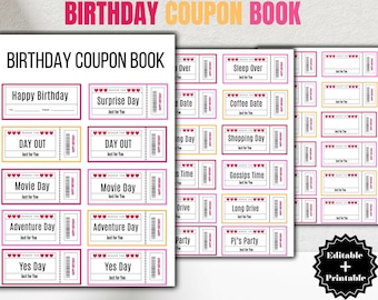 Peut inclure: Un carnet de coupons d'anniversaire imprimable avec une variété de coupons, notamment "Joyeux anniversaire", "Journée surprise", "Journée de sortie", "Journée cinéma", "Journée d'aventure", "Journée oui", "Nuitée", "Rendez-vous café", "Journée shopping", "Heure de potins", "Longue promenade en voiture" et "Pyjama party".