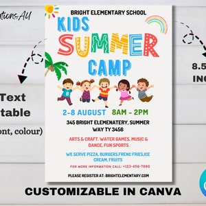 May include: A colorful flyer for a kids summer camp at Bright Elementary School. The flyer features a cartoon image of children playing and the text "Kids Summer Camp". The flyer includes the dates and times of the camp, as well as information about the activities offered. The flyer is 8.5 inches by 11 inches.
