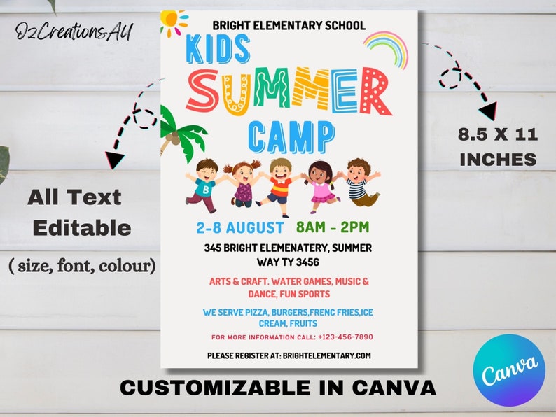 May include: A colorful flyer for a kids summer camp at Bright Elementary School. The flyer features a cartoon image of children playing and the text "Kids Summer Camp". The flyer includes the dates and times of the camp, as well as information about the activities offered. The flyer is 8.5 inches by 11 inches.