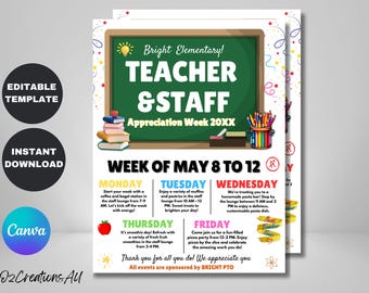 Teachers & Staff Appreciation Week Event Flyer, Schedule Itinerary, PTO and PTA Editable Canva Template