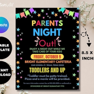 Parents Night Out Flyer Printable PTO PTA Church Community Family School Fundraiser Event Invitation Digital Editable Template