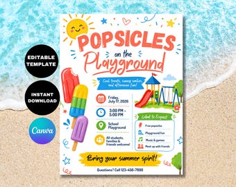 Popsicles on the Playground Flyer Template: Editable School Social Canva Invite (Digital Download)