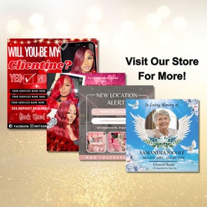 May include: A promotional image featuring multiple flyers. One flyer asks "Will You Be My Clientine?" with a "Yes" checkmark. Another says "New Location Alert" and "Minksbyjulia". A third flyer is an obituary with the text "In Loving Memory of Samantha Nicole". The text "Visit Our Store For More!" is also present.
