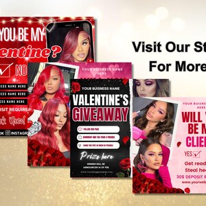 Pu&ograve; includere: Tre post sui social media a tema San Valentino con sfondi rosso e nero. Il primo post dice "Will you be my Clientine?" con una casella di controllo per "S&igrave;" e una casella di controllo per "No". Il secondo post dice "Valentine's Giveaway" con un elenco di istruzioni da seguire per partecipare. Il terzo post dice "Will you be my Client?" con una casella di controllo per "S&igrave;" e una casella di controllo per "No".