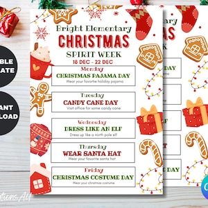 Customizable Holiday School Spirit Week Flyer, PTO Schedule, December Itinerary, Xmas PTA, Editable in Canva, Christmas Newsletter, Events