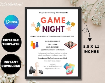 Game Night PTA Flyer Template: School Fundraiser Event (Digital Download)