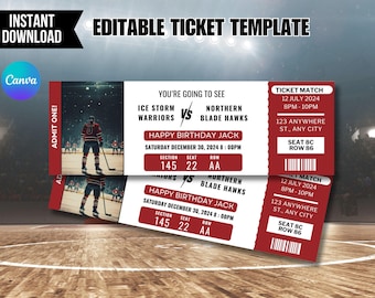 Editable Hockey Game Ticket Template, Surprise Gift, Canva Template