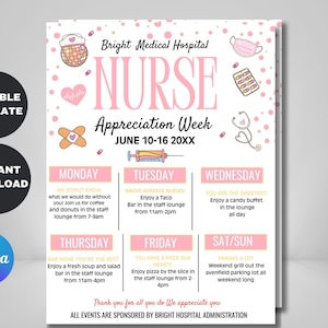 Editable Nurse Appreciation Flyer, Happy Nurses Week Thank You Gifts, Editable Hospital Staff Invitation, Weekly Planner for Hospital Staff
