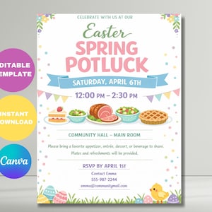 Op de afbeelding: Uitnodiging voor een Paas-Lentepotluck in pastelkleuren. De uitnodiging bevat de tekst "Easter Spring Potluck" met datum en tijd. Het ontwerp bevat illustraties van eten, paaseieren en een kuiken.
