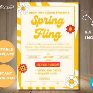 Spring Fling School Dance Flyer Invitation, Editable PTO PTA School Dance Event, Easter Event Party Invitation Template