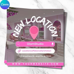 May include: A pink and white flyer announcing a new location for a beauty salon called "GlamStudio". The flyer features a pink map pin icon, a magnifying glass icon, and a microphone icon. The address is listed as "123 Anywhere St., Anycity, St 12345". The website address is "WWW.YOURWEBSITE.COM".