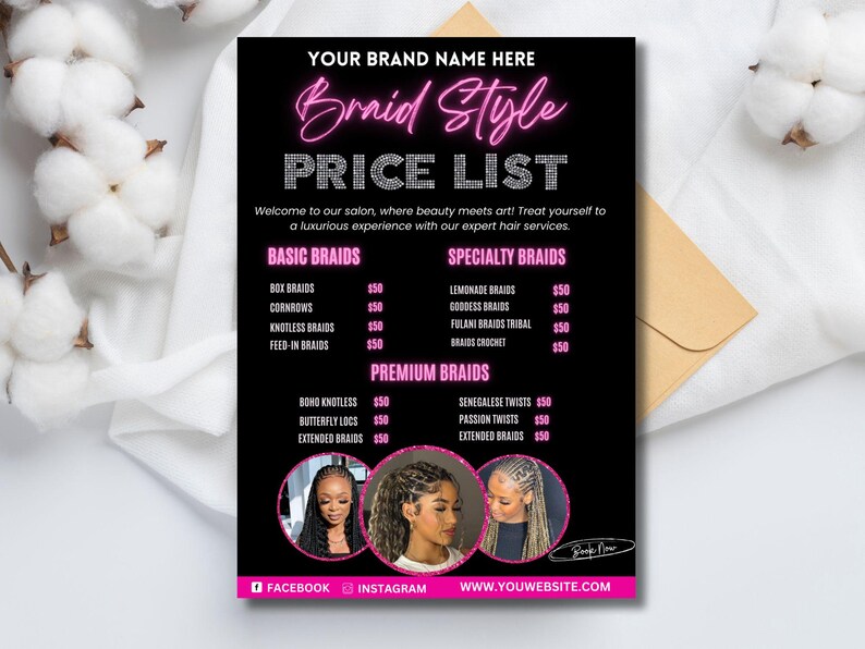Może przedstawiać: Czarno-r&oacute;żowy cennik styl&oacute;w warkoczy, z r&oacute;żnymi rodzajami warkoczy i cenami. Tekst zawiera "Your Brand Name Here", "Braid Style" i "Price List". Na dole ulotki znajdują się ikony medi&oacute;w społecznościowych i adres strony internetowej.