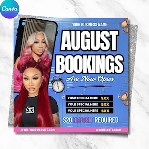 Flyer de réservation d'août, Soldes de la rentrée scolaire, Tresses de cheveux, Cils, Flyer perruque, Modèle de toile modifiable, Promo salon, Flyer de rendez-vous