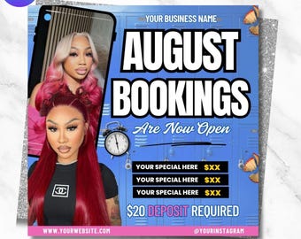 August Booking Flyer, Back to School Sale, Hair Braids, Lash, Wig Flyer, Editable Canva Template, Salon Promo, Appointment Flyer