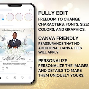 Pu&ograve; includere: Un modello Instagram personalizzabile per un annuncio di servizio commemorativo. Il modello presenta uno sfondo bianco con un cielo blu e nuvole, colombe bianche e fiori bianchi. Il testo "In loving memory of" &egrave; in cima al modello, seguito dal nome "Alfredo Torres" e dalle date "Nov 12, 1993" e "May 09, 2023". Il modello include anche una croce e una stella.