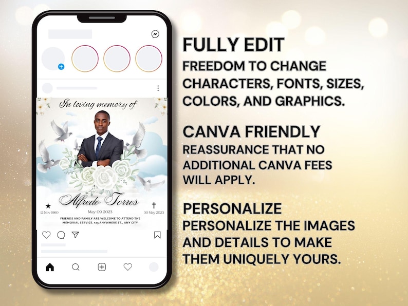 Pu&ograve; includere: Un modello Instagram personalizzabile per un annuncio di servizio commemorativo. Il modello presenta uno sfondo bianco con un cielo blu e nuvole, colombe bianche e fiori bianchi. Il testo "In loving memory of" &egrave; in cima al modello, seguito dal nome "Alfredo Torres" e dalle date "Nov 12, 1993" e "May 09, 2023". Il modello include anche una croce e una stella.