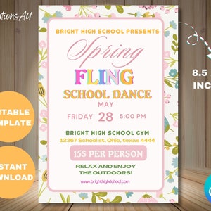 Editable Spring Fling School Dance Flyer Invitation, Easter Event Party Invitation Template, PTO PTA School Event Flyer
