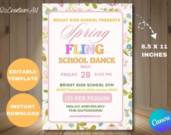 Editable Spring Fling Dance Flyer: School Event Invitation (Digital Download)